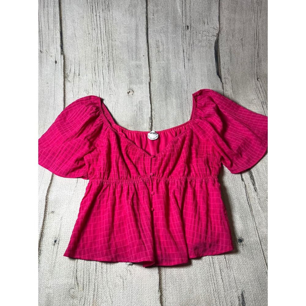 Arula Puff Sleeve Peplum Top Womens B Hot Pink Barbiecore Cottagecore Blouse